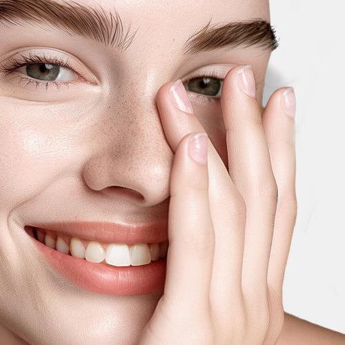 Close-up of a woman's face with a hand on her cheek, against a white background