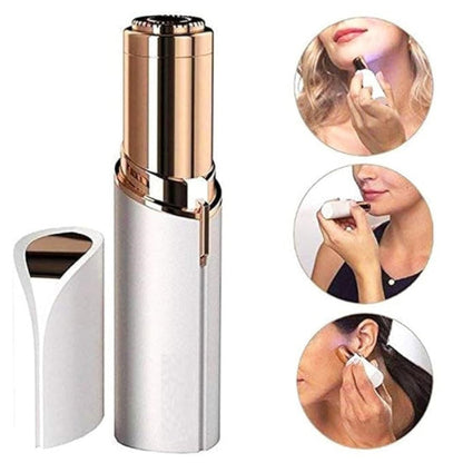 Woman using facial hair remover on upper lip area, cheek and chin