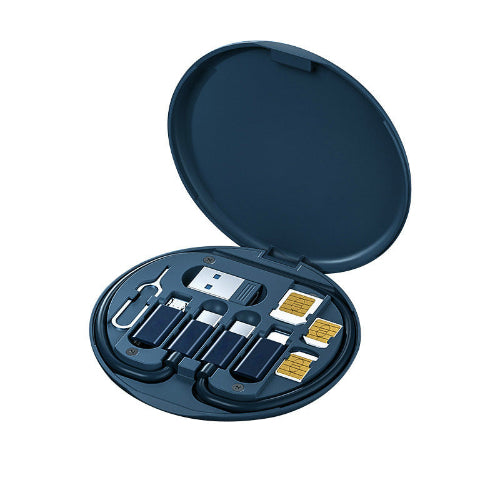 Compact travel charging cable kit with SIM ejector and adapters