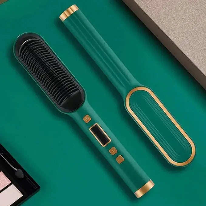 A hair straightener comb styled in green with gold accents, shown in an upright position with the brush facing forward.