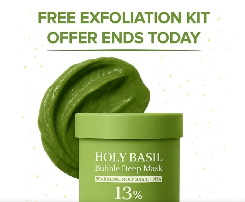 Holy Basil Bubble Deep Mask for pore detox and acne control with 13% sparkling holy basil and PHA. Includes free exfoliation kit offer ending today.