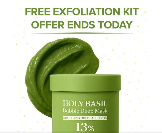 Holy Basil Bubble Deep Mask for pore detox and acne control with 13% sparkling holy basil and PHA. Includes free exfoliation kit offer ending today.