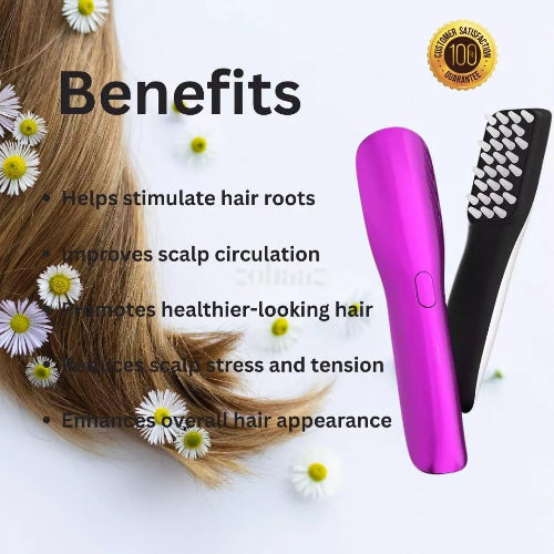 Infrared Hair Growth Comb in pink and black shown beside healthy brown hair and chamomile flowers, highlighting benefits like root stimulation and scalp circulation.