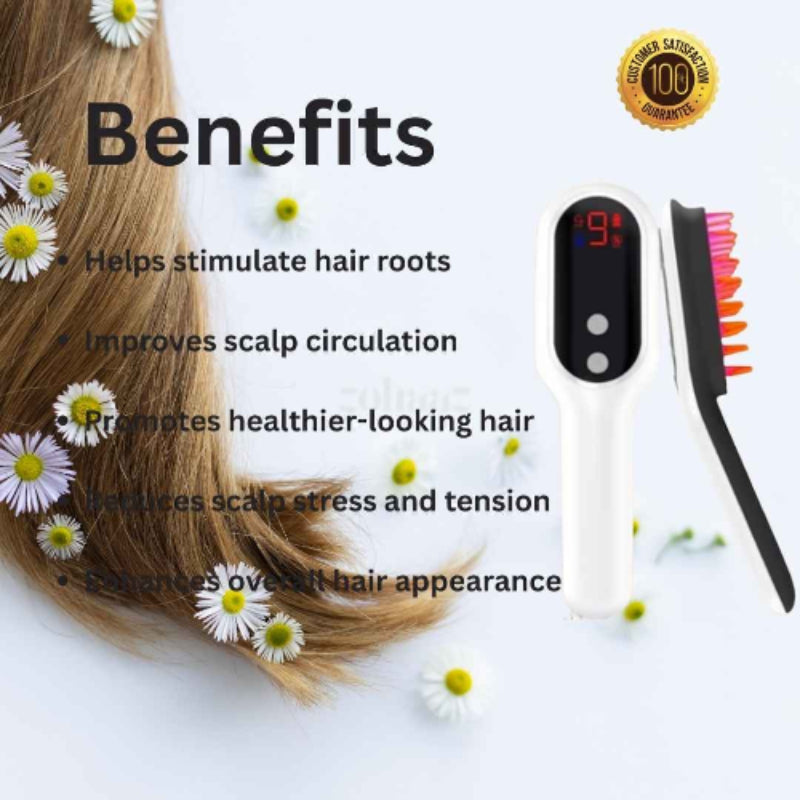 Hair care LED Therapy Scalp massager  comb with benefits listed on a white background with flowers.