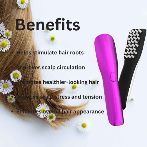 Hair care product with benefits listed on a white background