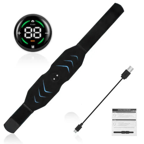 Belly fat belt with digital display, USB cable, and manual for core training and back support.