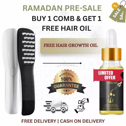 Hair comb and hair oil with promotional text for a Ramadan pre-sale offer.