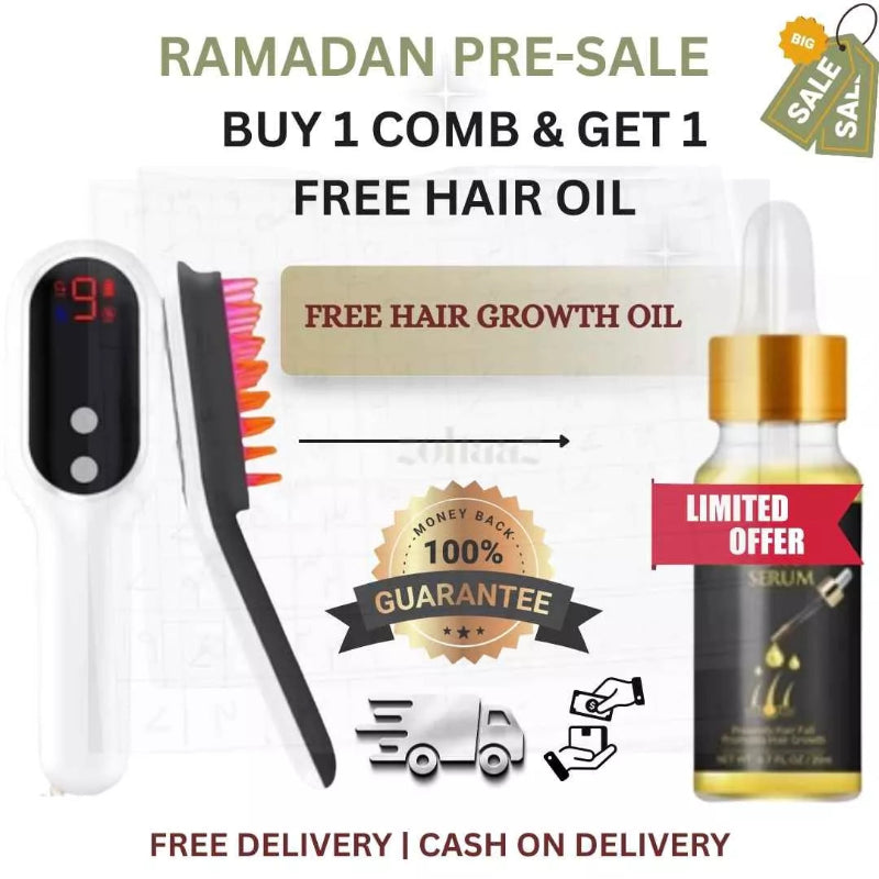 Hair comb and hair oil with promotional text for a Ramadan pre-sale offer.