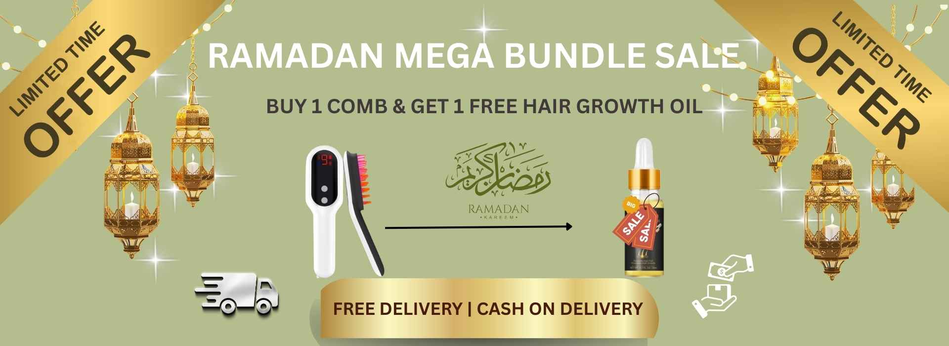 Promotional banner for Ramadan Mega Bundle Sale with hair care products and delivery services on a green background.