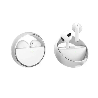Wireless earbuds with charging case on a white background