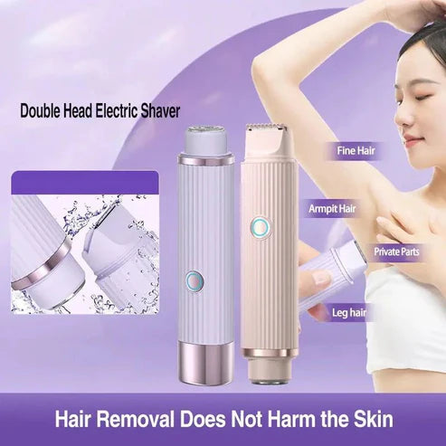 Double head electric shaver with usage examples on a purple background