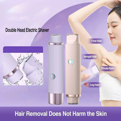Double head electric shaver with usage examples on a purple background