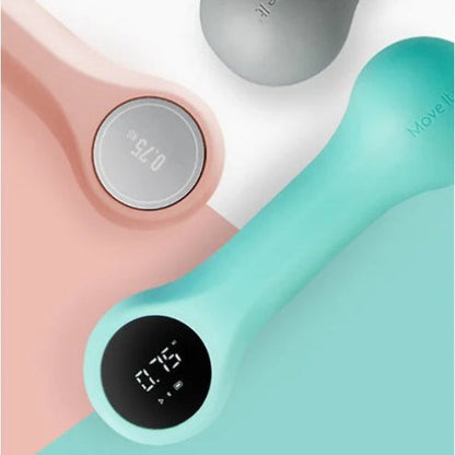 Compact smart dumbbell with connected fitness features, ideal for strength and cardio training