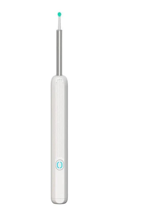 Smart Earwax Remover Kit with HD Camera features a sleek white handle, LED light, and soft silicone tip for safe ear cleaning at home.