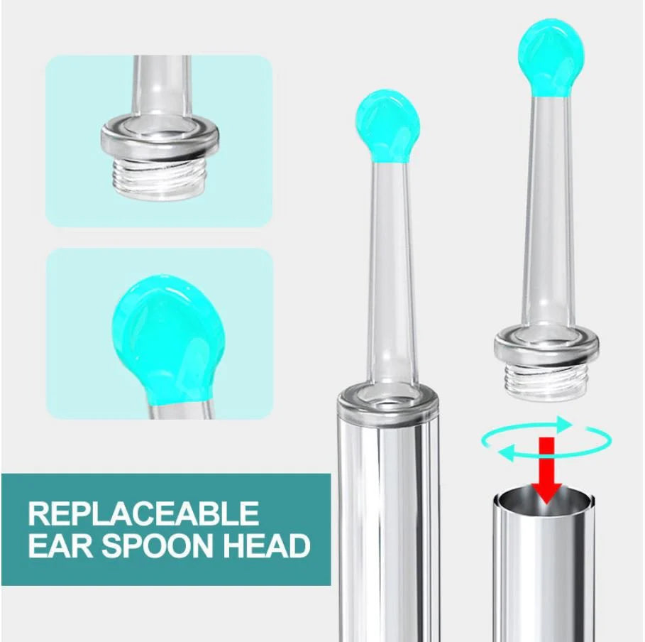 Smart Earwax Remover Kit with HD Camera showing replaceable ear spoon head with soft blue silicone tip and twist-to-lock mechanism.