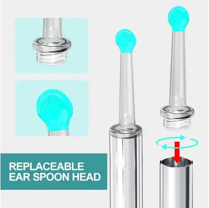 Smart Earwax Remover Kit with HD Camera showing replaceable ear spoon head with soft blue silicone tip and twist-to-lock mechanism.