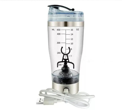Transparent Electric Protein Shake Stirrer Cup with measurement markings and USB charging cable, perfect for fitness and kitchen use.