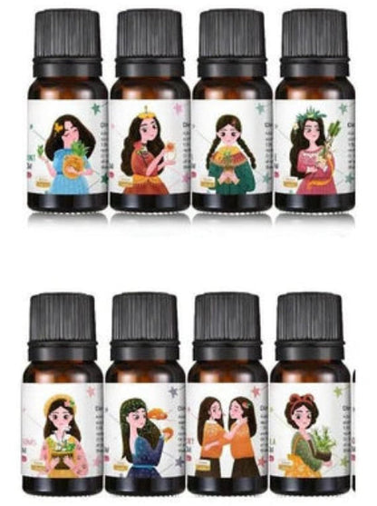 Set of eight small bottles with decorative labels featuring cartoon characters and product names.