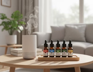 Aromatherapy diffuser on a table with various essential oil bottles in a living room setting.