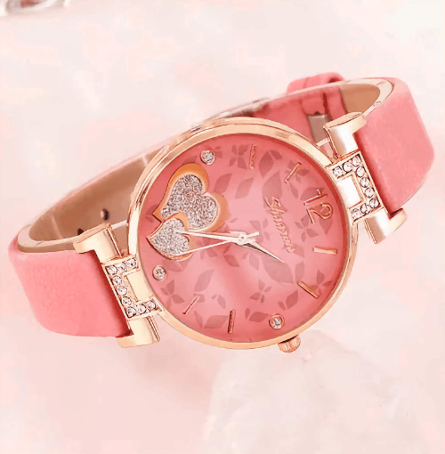 Stylish quartz watch for women with rose gold case and leather band