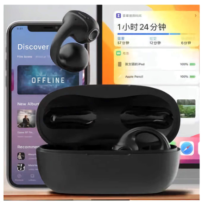 Calus CW10 Wireless Earbuds in black with charging case, shown next to smartphone and tablet for Bluetooth pairing and audio streaming.