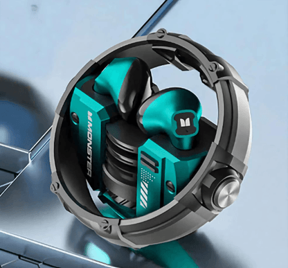 Monster XKT10 Wireless Earbuds in a gyroscope-inspired charging case with dual LED RGB lights, in a color green with black and silver accents.