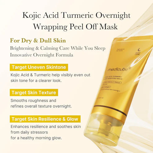 Kojic Acid Turmeric Night Wrapping Mask for dry and dull skin, brightens and smooths overnight with peel-off formula for even skin tone.