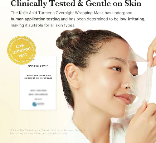 Woman peeling off Kojic Acid Turmeric Night Wrapping Mask, clinically tested for low irritation and suitable for all skin types.