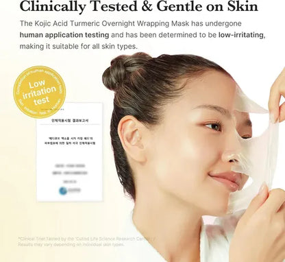 Woman peeling off Kojic Acid Turmeric Night Wrapping Mask, clinically tested for low irritation and suitable for all skin types.