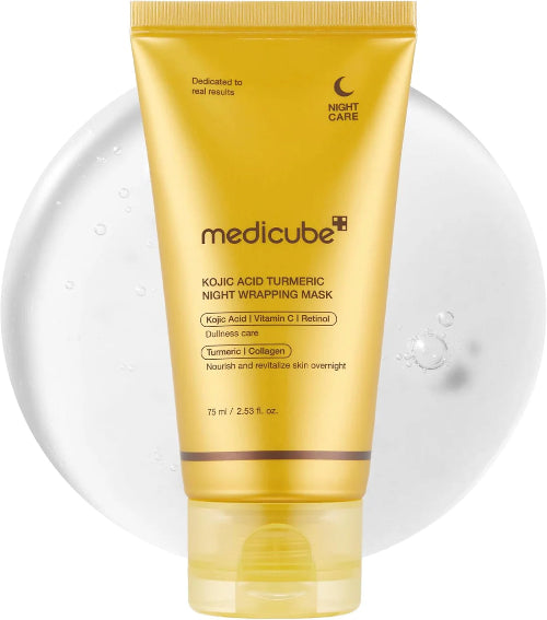 Kojic Acid Turmeric Night Wrapping Mask by Medicube in gold tube packaging, designed to brighten and nourish skin overnight.