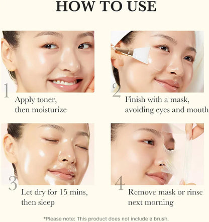 Step-by-step guide for using Kojic Acid Turmeric Night Wrapping Mask - apply toner, mask, let dry, and rinse in the morning for brighter skin.