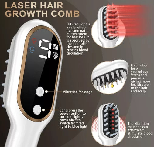 Laser hair growth comb with LED red light and vibration massage features on a dark background.