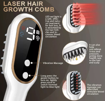 Laser hair growth comb with LED red light and vibration massage features on a dark background.