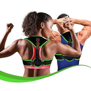 Two people wearing back support devices with a green arc graphic.