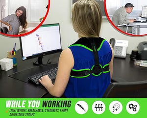 Person wearing a back brace at a desk with office elements in the background