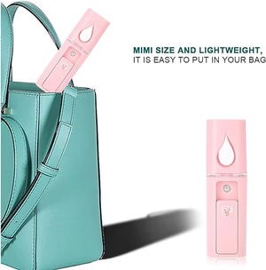 Teal handbag with a pink spray bottle and text about size and weight.