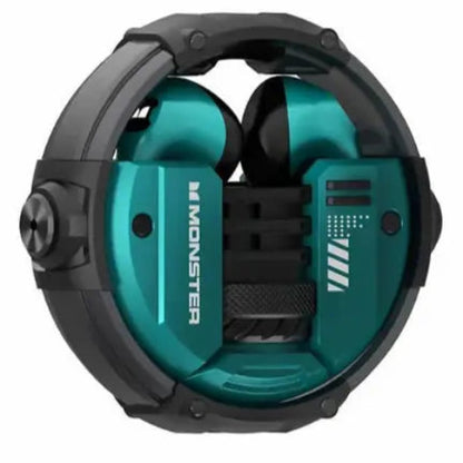 Teal and black circular device with 'Monster' branding on a white background