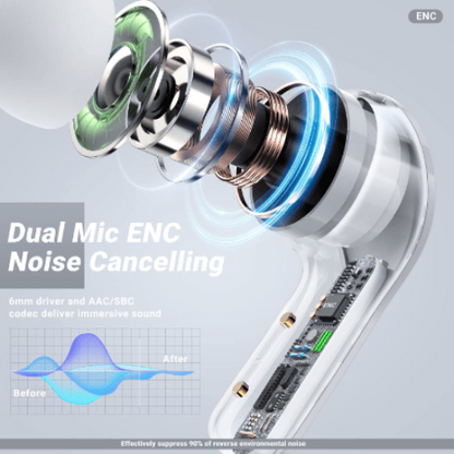 T6 Crystal Earbuds inside compact magnetic charging case with LED indicators