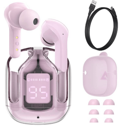 wireless earphones pink color with a charging case.