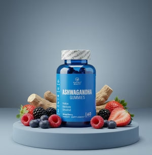 Blue bottle of Ashwagandha gummies surrounded by berries on a gray background