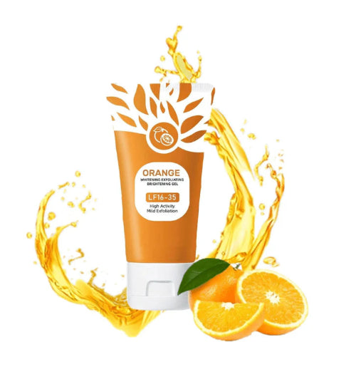 Orange-themed skincare product with orange slices and juice splashes on a white background