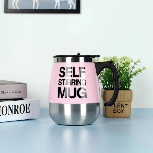 Rechargeable self-stirring coffee mug with stainless steel interior