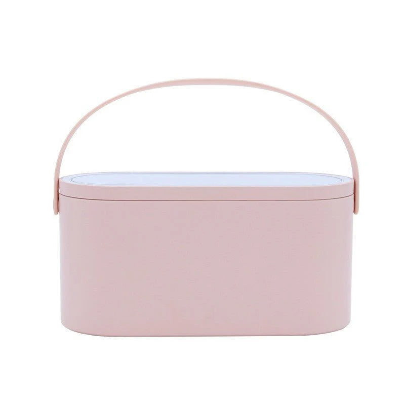 LED Makeup Mirror Box – Portable Storage Organizer in light pink with sleek oval design and top handle for easy travel and cosmetic storage.