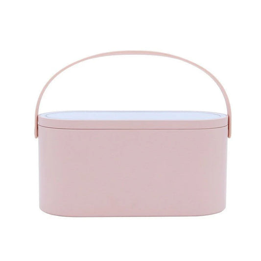 LED Makeup Mirror Box – Portable Storage Organizer in light pink with sleek oval design and top handle for easy travel and cosmetic storage.