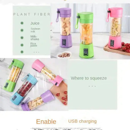 Colorful portable blenders with ingredients and text on plant fiber and USB charging.