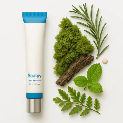 Scalpy Hair Ampoule bottle on white background with natural leaves