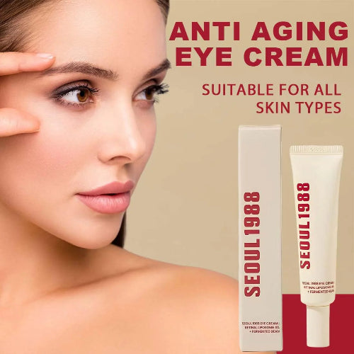 Seoul 1988 anti-aging eye cream with a woman applying cream to her eye.