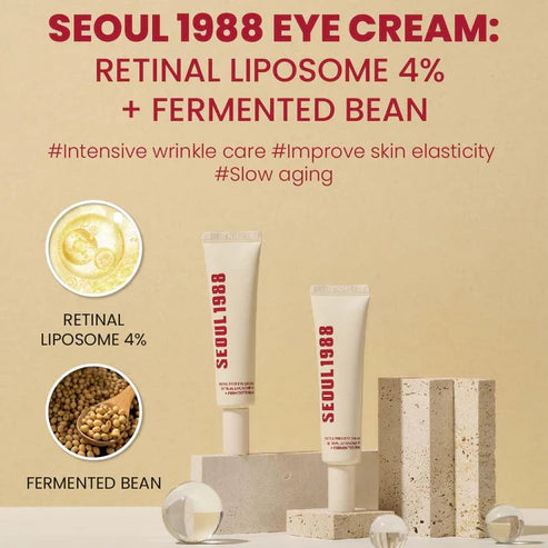 Seoul 1988 eye cream with retinal liposome and fermented bean ingredients on a beige background.
