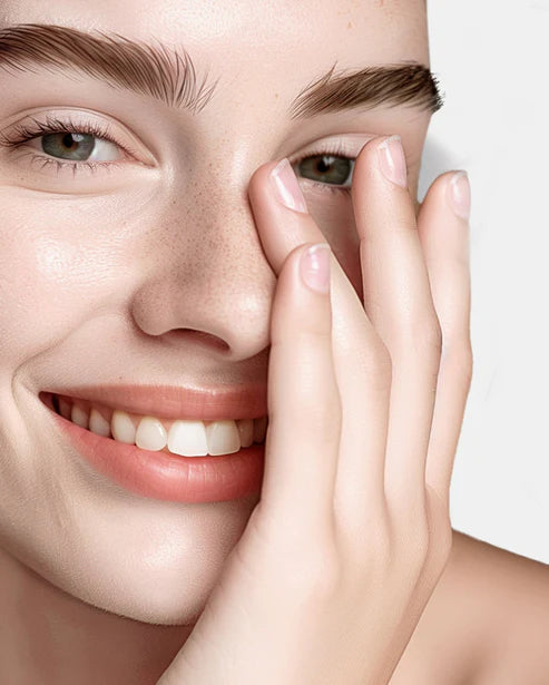 Smiling woman with radiant skin showcasing results of Ultra-Hydrating Hyaluronic Acid Face Serum | Boost Radiance. Ideal for smooth, glowing complexion.