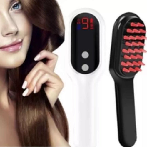 Woman with long hair next to a 5 in 1 LED Therapy Scalp Brush with red bristles on a white background